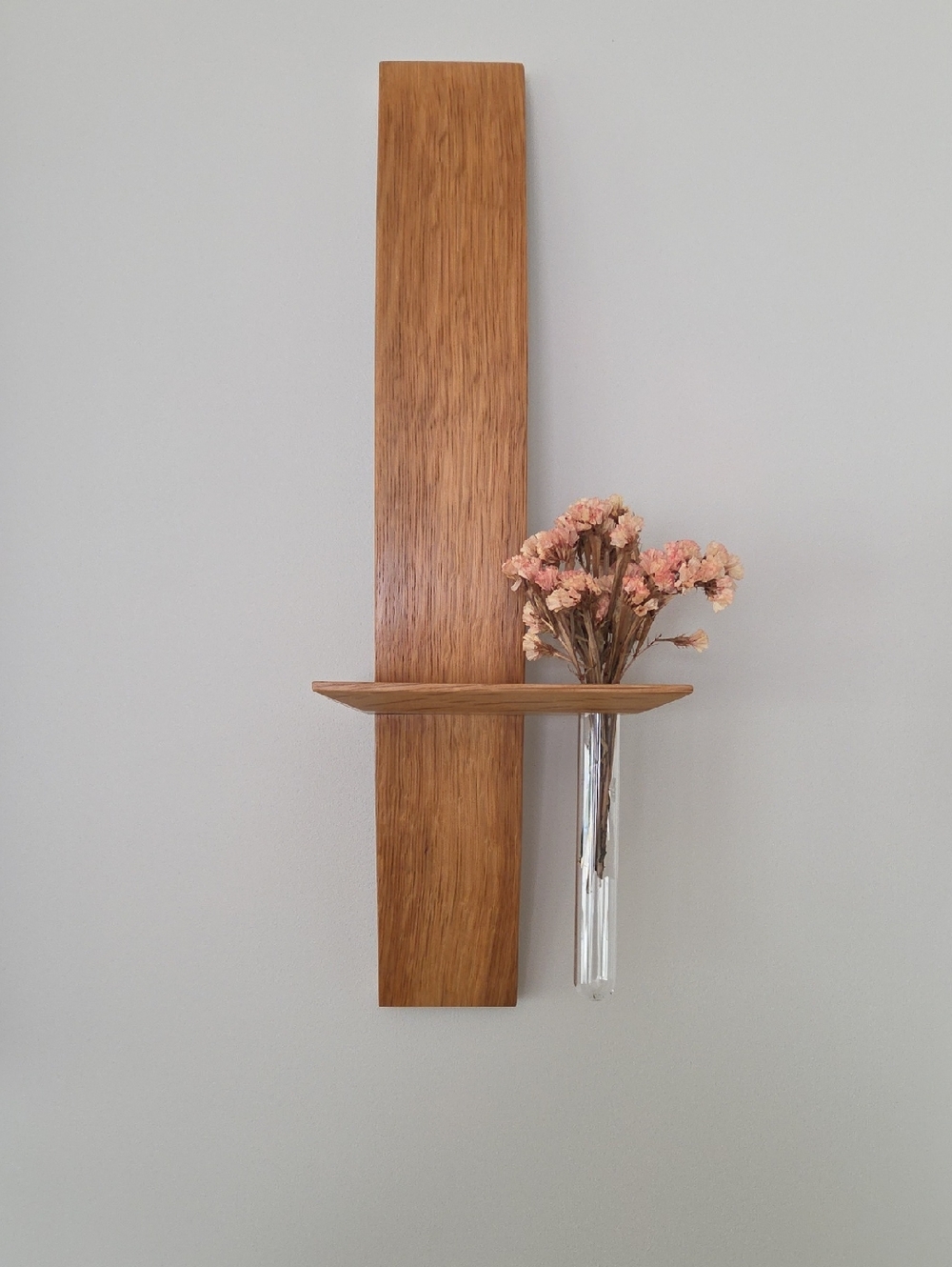 Solid Oak Wall Shelf with Glass Vase - Natural Brown